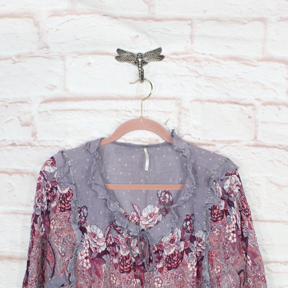 Free People Purple Rayon V-Neck Elastic Waist Peasant Blouse Top Size M - Picture 2 of 9